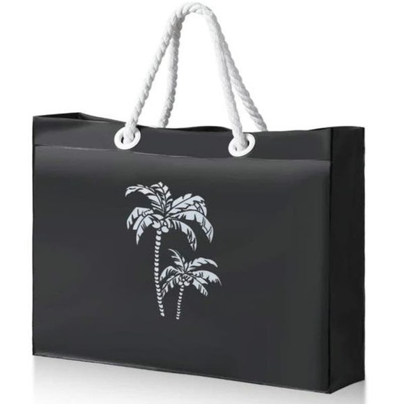 Large Black Beach Tote Bag With Palm Tree Print  NEW - Picture 1 of 2